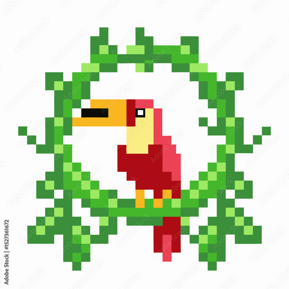 Fototapeta premium Pixel art toucan inside green vine circle, vibrant retro digital wildlife design