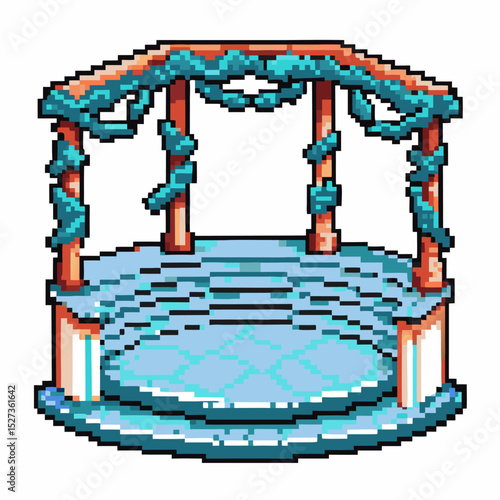 Pixel art gazebo with ivy covered columns, vintage digital game structure