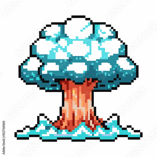 pixel art explosion retro colorful mushroom cloud, 8 bit vintage video game graphic, digital pixel vibe
