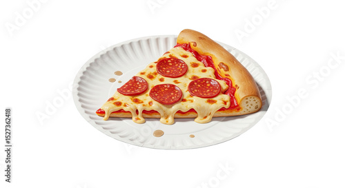 Delicious Pepperoni Pizza Slice on Paper Plate: A tempting studio shot showcasing a single slice of classic pepperoni pizza, dripping with melted cheese, served on a simple white paper plate