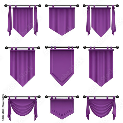 Collection of Nine Realistic Purple Pennant Banners Hanging from Black Rods, Various Styles and Shapes for Decoration, Heraldry, or Ceremonial Purposes, Isolated on Black Background