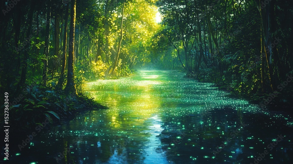 Fototapeta premium A bioluminescent rain forest where rivers glow with a soft neon-green shimmer 