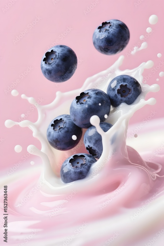 Fototapeta premium Blueberries Splashing into Pink Yogurt