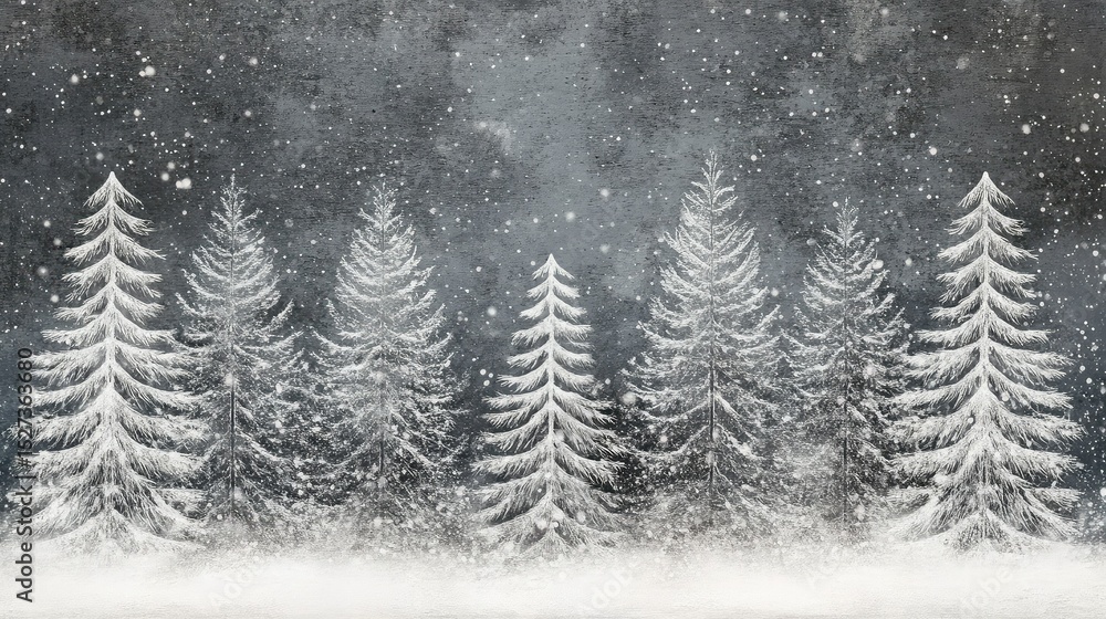 Obraz premium Snowy Winter Forest – Pine Trees Covered in Snowfall Under Gray Sky