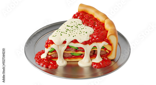 Indulgent Deep-Dish Pizza Slice: A Towering Temptation of Melted Cheese, Savory Sauce, and Delicious Layers on a Metal Platter Against a Clean, Isolated Background, Perfect for Culinary Advertising