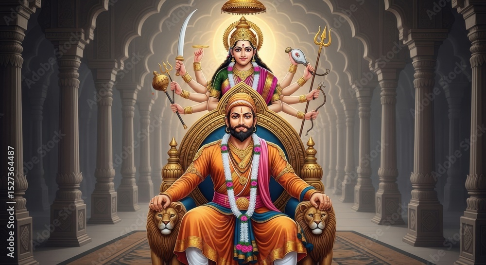 Fototapeta premium Divine depiction of a Hindu deity with multiple arms and a regal figure seated on lions in an ancient temple setting