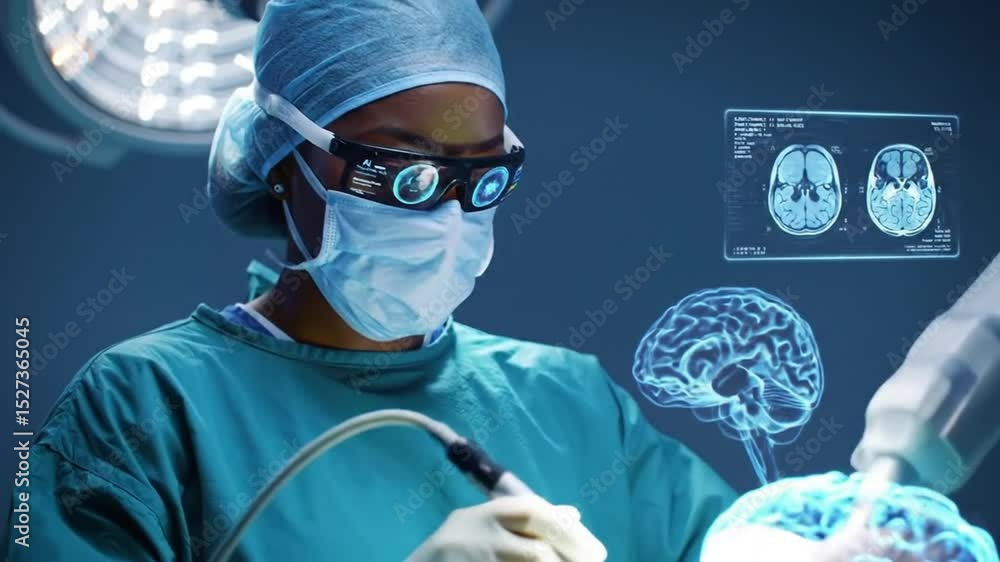 Close-up of a female surgeon with AR visor performing brain operation with holographic aid