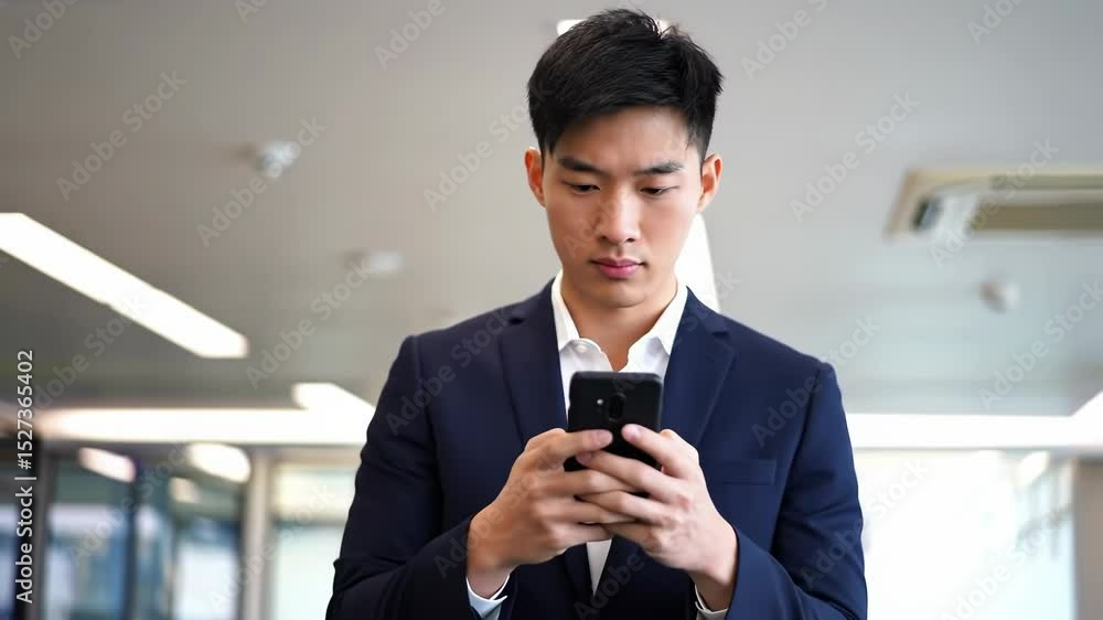 Businessman checks his smartphone in a modern office hallway
