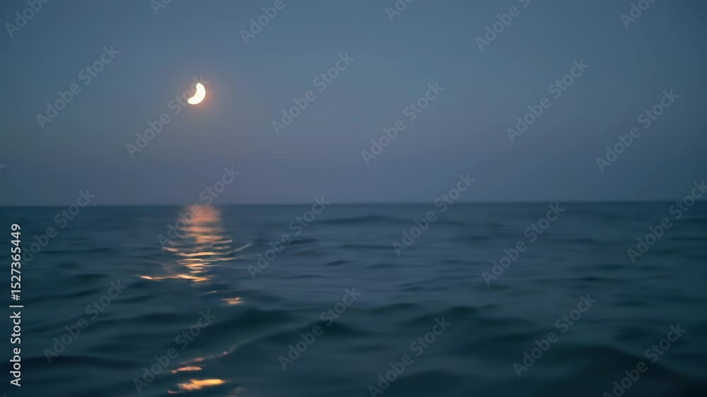Crescent moon over dark water at night