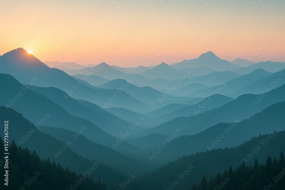 Obraz premium Layered mountain ranges stretch into the distance under a soft sunrise casting a hazy blue hue over peaks