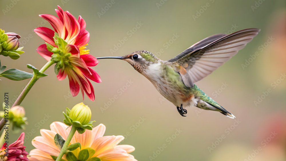 Fototapeta premium Hummingbird flying around a beautiful flower over blurred background