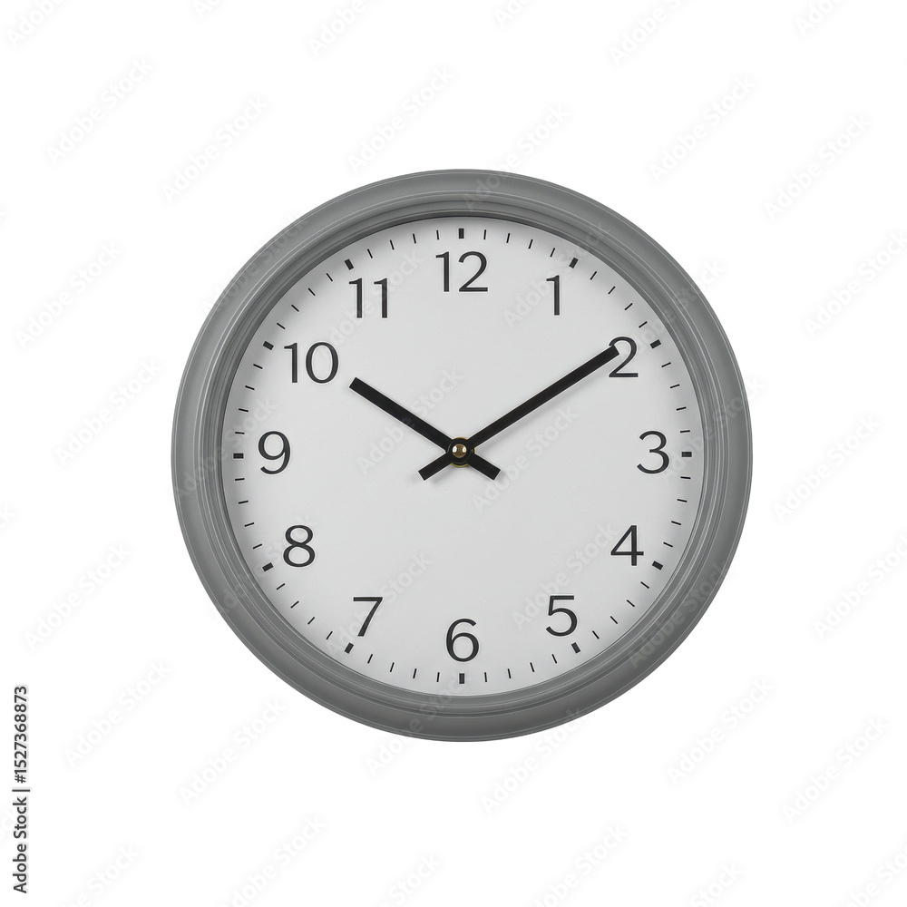 A simple gray wall clock displaying 1010, set against a plain white background, ideal for home decor A simple gray wall clock displaying 1010, set against a plain white background, ideal for home decor