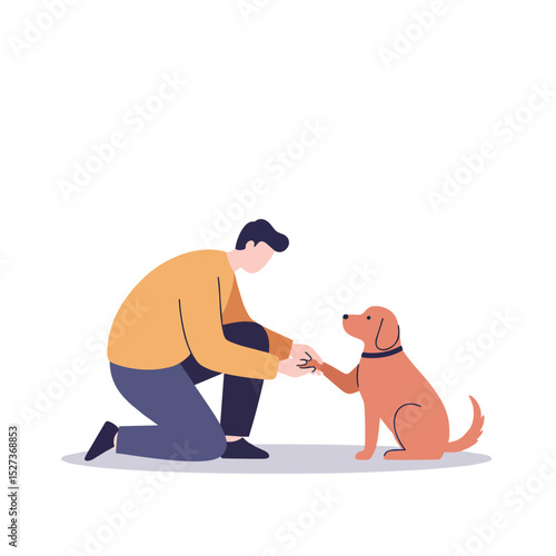 Man checking paws of dog while kneeling on the ground