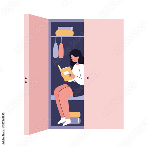 Girl reading inside wardrobe while sitting on shelf in cozy space  