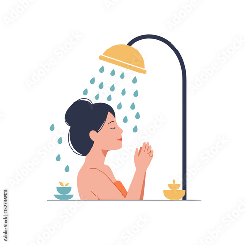 Woman enjoying rain shower in spa setting with peaceful expression  