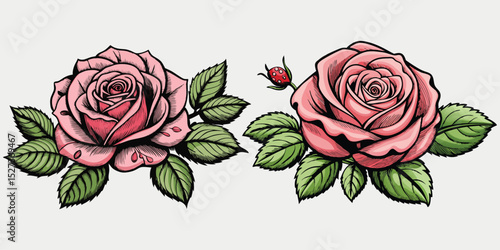 Wallpaper Mural Two Pink Rose Flowers with Green Leaves and a Bud Torontodigital.ca