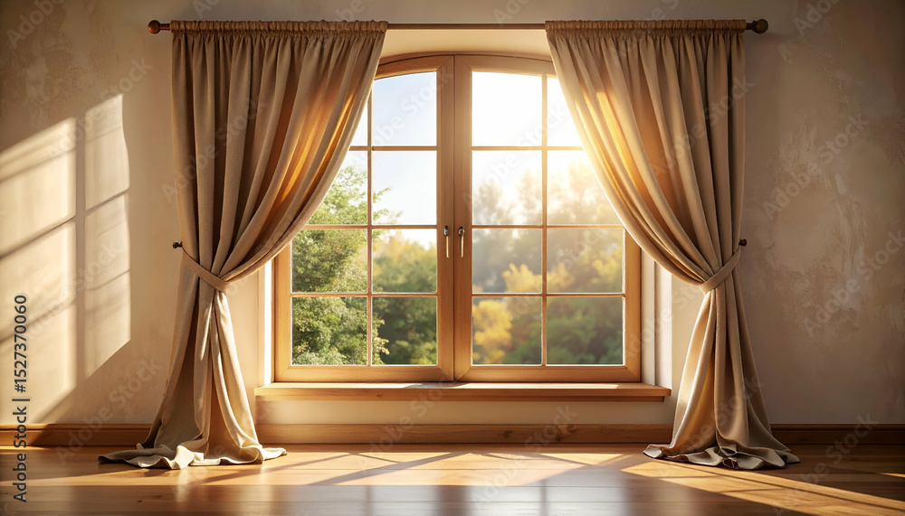Fototapeta premium Warm Light Streaming Through Subtle Curtains Into a Window Frame