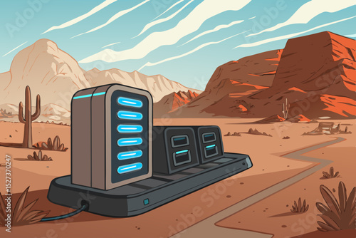 A futuristic charging dock stands solitary in a bold, sandy desert tech outpost.  Sun-baked metal gleams under harsh sunlight.