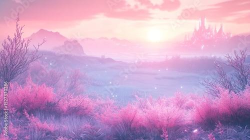 Magical, rosy sunrise over a fairytale landscape.  Misty mountains, castle, and pink flowers