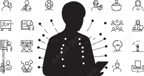 Person overwhelmed by multiple inputs and tasks, symbolized by pins.
