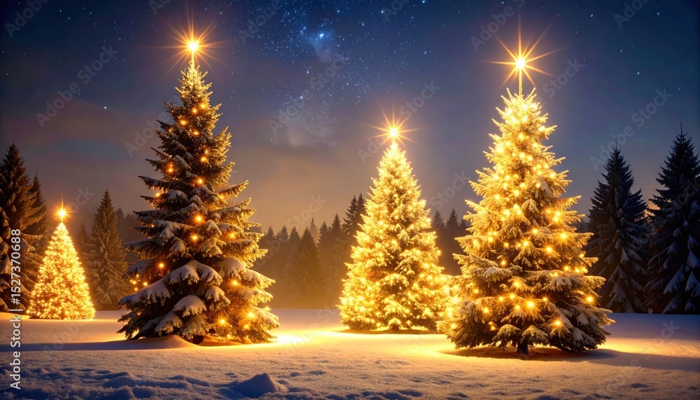 Naklejka premium Sparkling Christmas trees in snowy forest at night