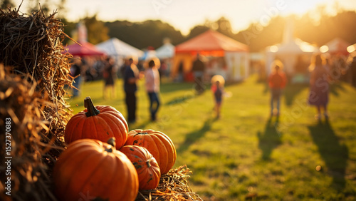 Bustling outdoor autumn festival seasonal market with hay bales and pumpkin