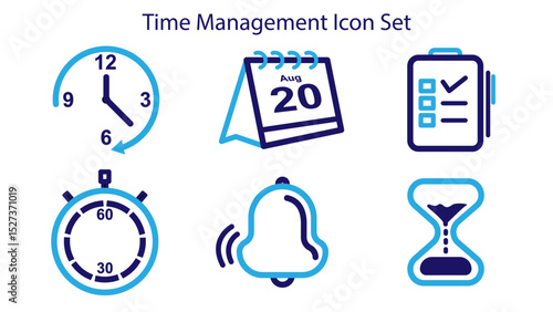 Modern flat-style time management icon set featuring a clock, calendar, checklist, stopwatch, notification bell, and hourglass. Designed with clean lines and vibrant blue tones