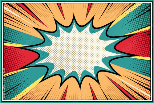 Create a vibrant comic book style border featuring bold, black halftone edges and a central, partially visible letter 'C'.  The style should be retro and dynamic.