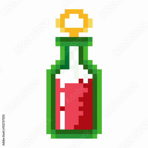 pixel art potion bottle with red liquid and golden stopper, retro gaming icon, 8 bit fantasy elixir