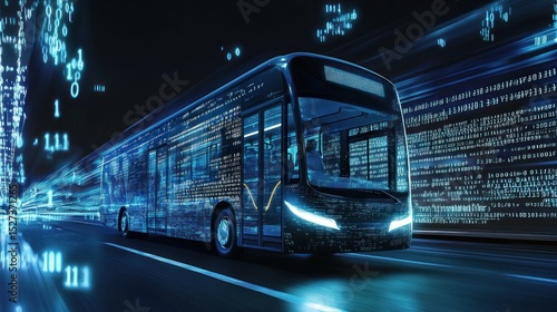 Futuristic electric bus traversing a digital tunnel
