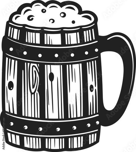 Rustic beer mug illustration, foamy ale beverage in vintage wood barrel design
