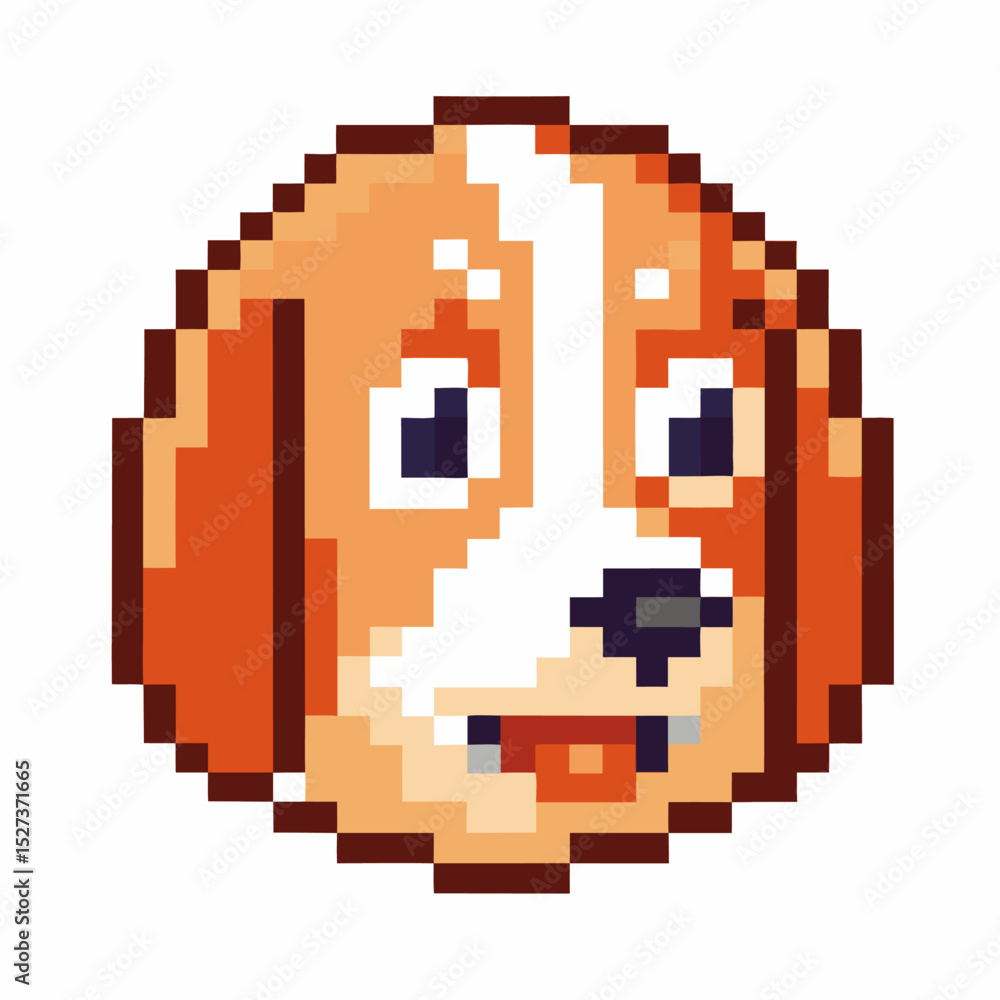 Fototapeta premium pixel art dog face retro canine portrait, smiling expression, brown and white fur, 8 bit design