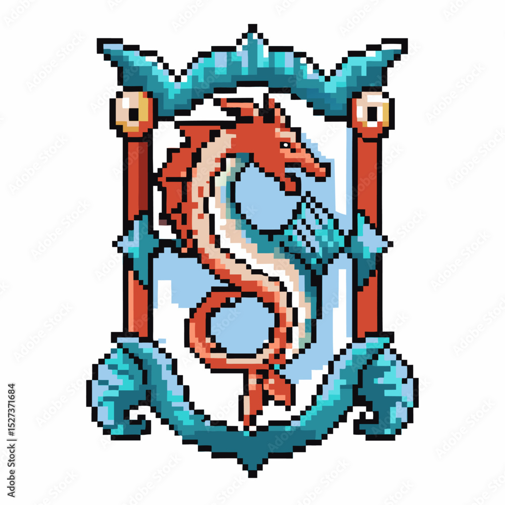 Obraz premium Pixel art dragon emblem with blue and red ornate frame design