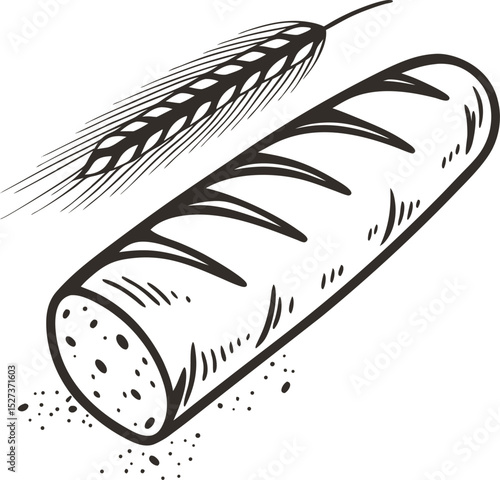 Traditional baguette illustration with wheat, artisanal bread concept
