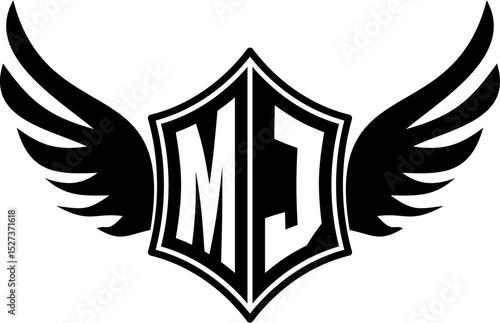 MJ logo emblem with winged and shield template