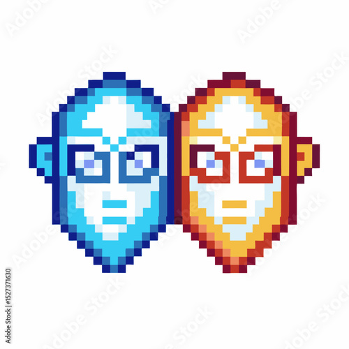 Pixel art portrait, blue and orange faces with glasses retro digital illustration, geometric abstract design