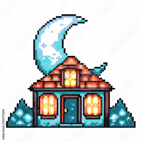 pixel art enchanted house with glowing windows under a crescent moon, night fantasy