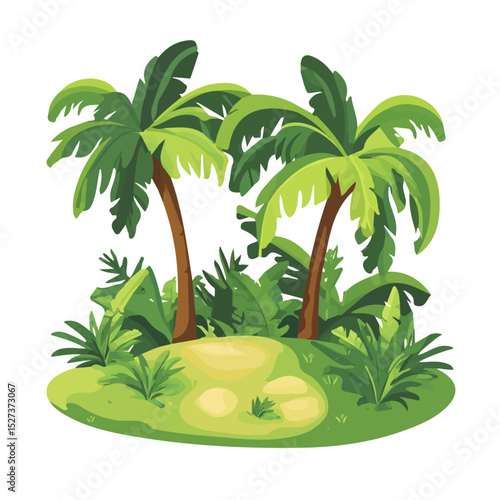2D flat Tropical Island Lush Greenery illustration vector, isolated on a white background.