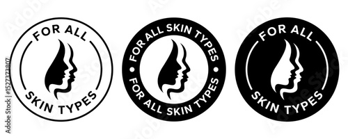 For all skin types label icon set. Face beauty women skin care packaging label for cream, toner, moisturizer, facial mask, lotion, logo, badge, symbol, black, line vector, isolated on white background