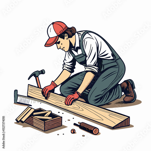 Create a bold vector illustration of a carpenter meticulously working, showcasing strong lines and detailed tools.