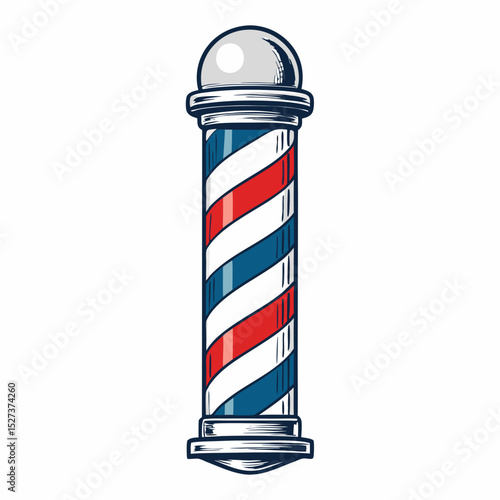 Create a bold, vector illustration of a classic barber pole with strong, distinct red, white, and blue stripes.  Include a subtle spiral effect.