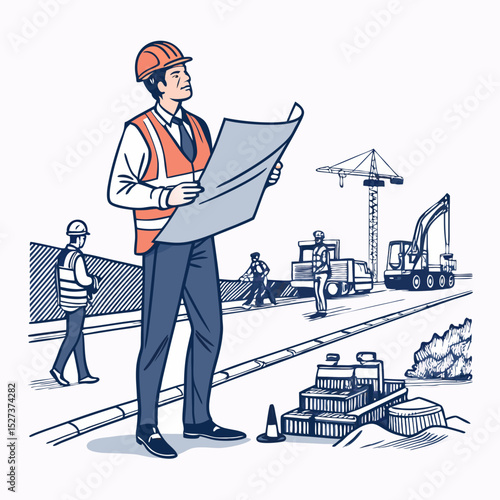 Create a bold vector illustration of a civil engineer holding blueprints, emphasizing strong lines and a powerful pose.