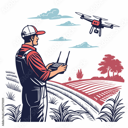Create a bold vector illustration of a focused drone operator,  actively controlling a drone, emphasizing  dynamic lines and strong silhouettes.