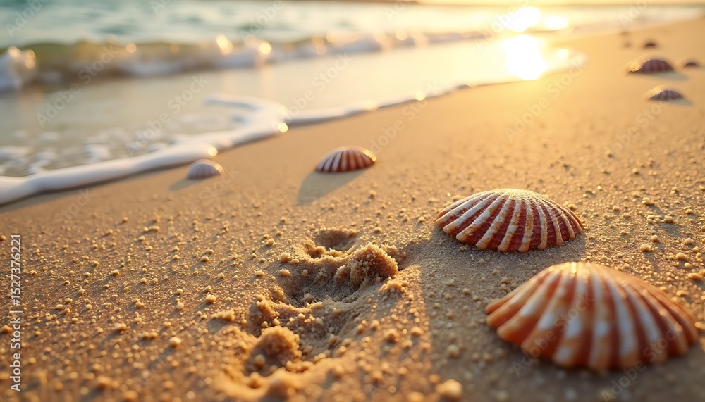 Seashells on Sandy Beach at Sunset with Footprint and Ocean Waves Seashells on Sandy Beach at Sunset with Footprint and Ocean Waves