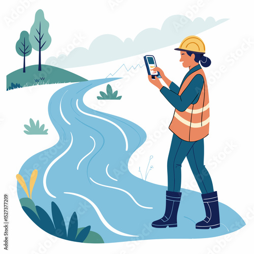 Create a bold vector illustration of a hydrologist meticulously taking water samples, emphasizing strong lines and vibrant color.