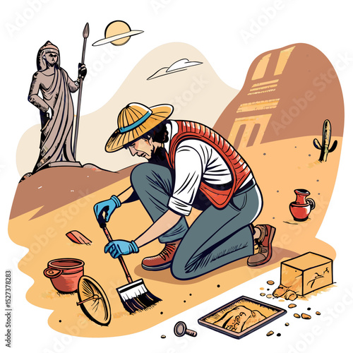 Create a bold vector illustration of an archaeologist carefully uncovering an ancient artifact.  Focus on strong linework and impactful design.