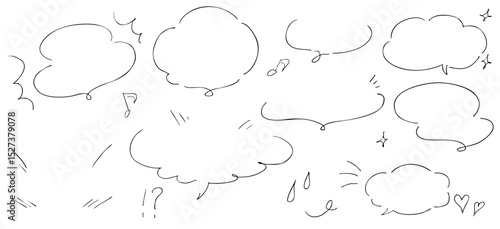 かわいい手書きの吹き出しセット　もこもこしたフレーム ベクター黒