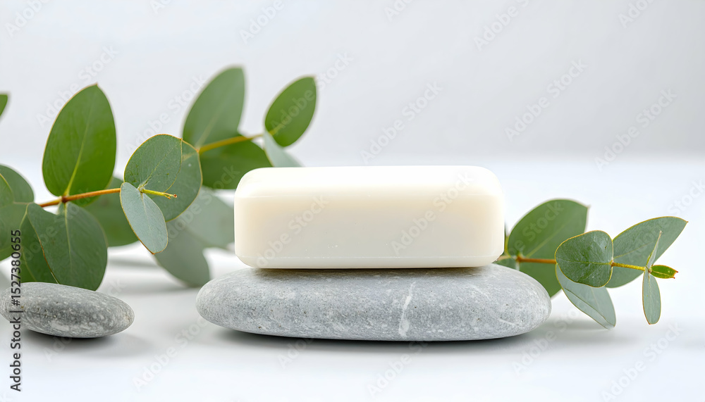 Soap bar on stones with eucalyptus leaves against a white background. Soap bar on stones with eucalyptus leaves against a white background.