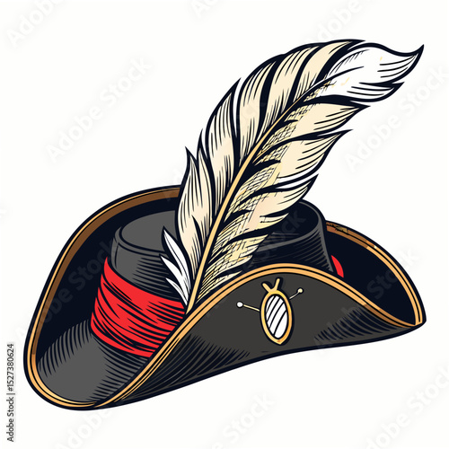 Create a bold, vector illustration of a pirate's tricorn hat with detailed feather embellishment.  High contrast, clean lines.
