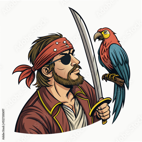 Create a bold, vector illustration of a fierce pirate holding a sword, showcasing detailed clothing and a weathered face.  Style should be impactful and easily scalable.